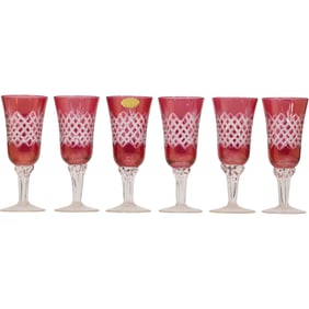 Set 6 Cranberry Cut to Clear Glass Champage Flutes with Original Label DFP, Italy