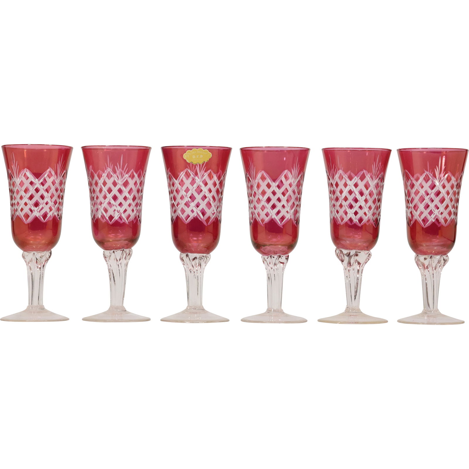 Set 6 Cranberry Cut to Clear Glass Champage Flutes with Original Label DFP, Italy (1 of 13)