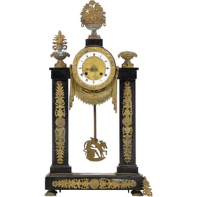 19th C. French Empire Portico Mantle Clock with Bronze Accent Decorations, Original Pendulum