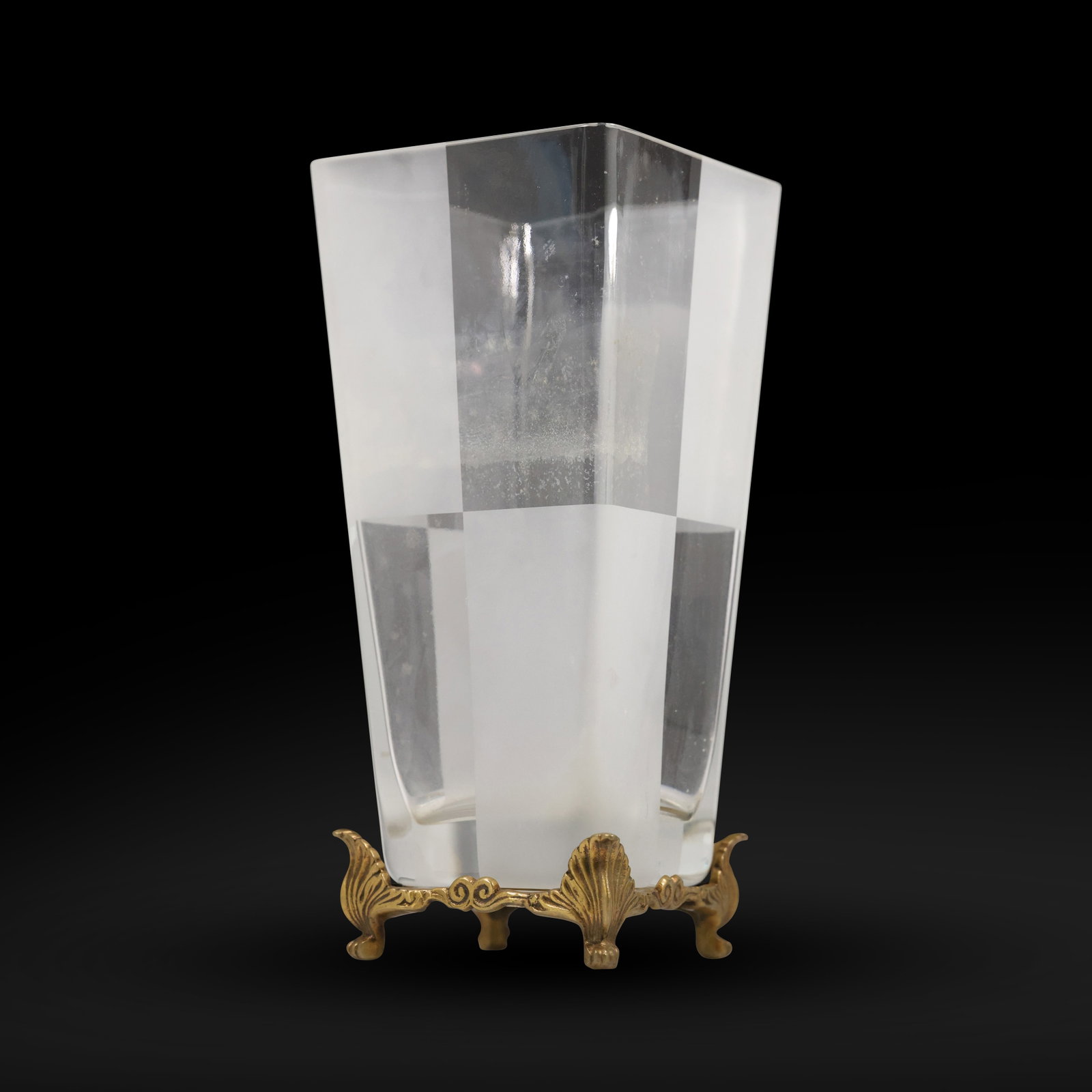 Quality Art Deco Satin Glass and Clear Paneled Vase Mounted on a Bronze Footed Stand 13 in. h.: Quality Art Deco Satin Glass and Clear Paneled Vase Mounted on a Bronze Footed Stand 13 in. h.; size: 13h 6w S:D