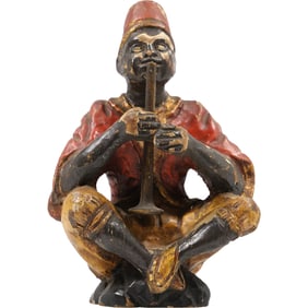 Carved Wood Orientalist Figure Playing a Wind Instrument in Original Polychrome Finish