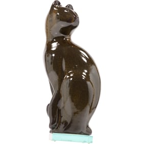 vintage raku pottery cat sculpture by artist Tony Evans Mounted on a Glass Base 15 in. height