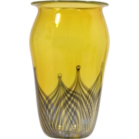 Signed Studio Art Glass Vase Yellow with Pulled Feather Design 9 in. height x 5 in. wide
