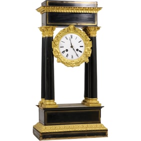 19th C. Vincenti French Empire Portico Column Clock with Bronze Accents Black Lacquer Wood Case