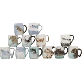 Estate collection of 12 Assorted ceramic mugs, each featuring a hand-painted animal design.