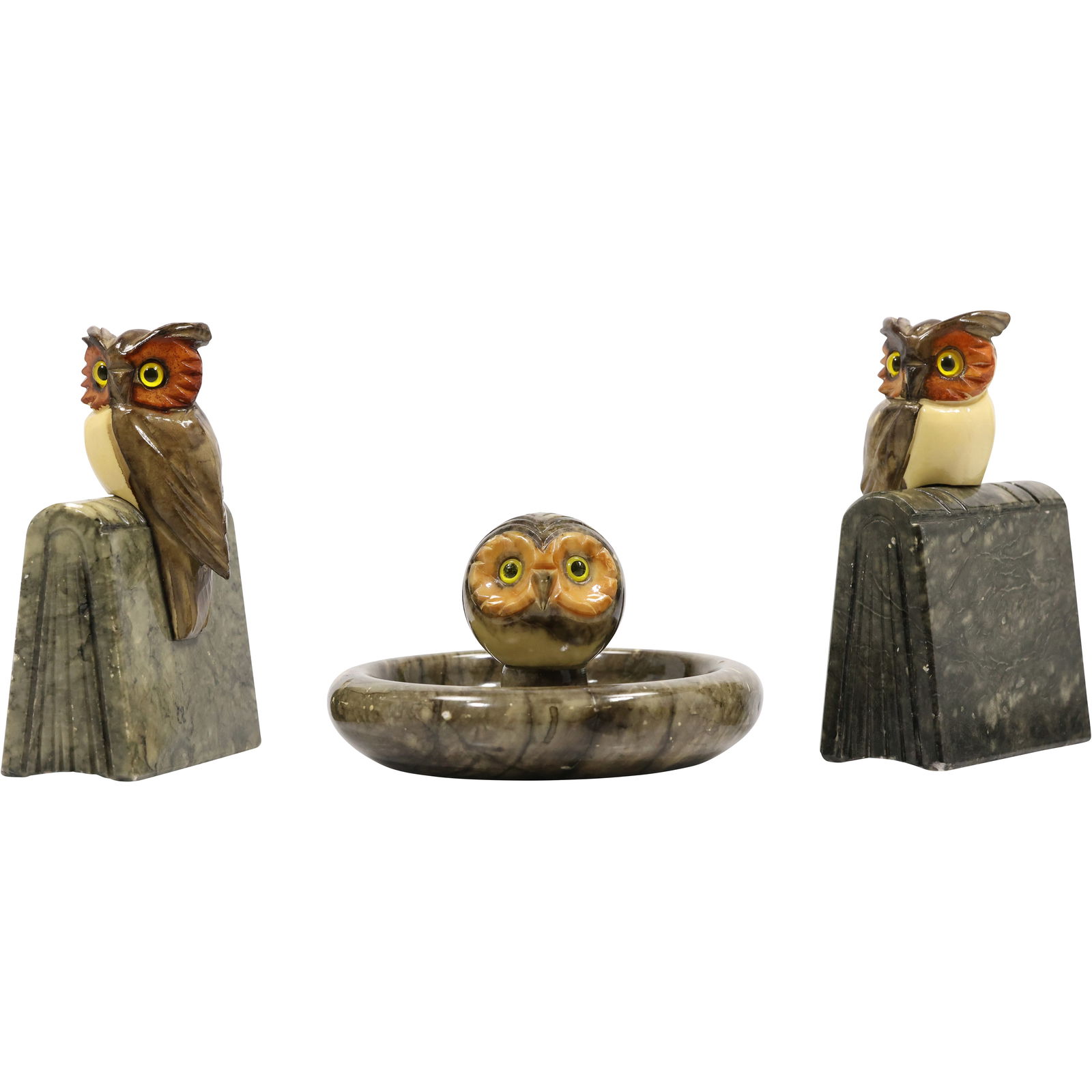 set of vintage alabaster owl bookends and a matching owl dish. (1 of 15)