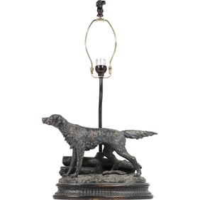 Antique Bronze Hunting Dog Figure Lamp English Pointer Setter, Original Patina