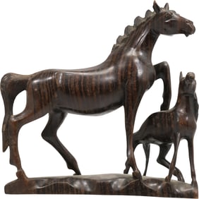 Carved Wooden sculpture of a horse and a foal in Original Patina 8 in. height x 8 in. length
