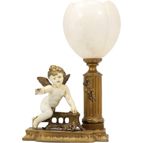 Auguste Moreau Signed Cast Metal Spelter Cherub Figural Lamp with Alabaster Shade 15 in. height