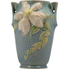 Roseville Art Pottery Clematis vase in a soft blue color 8 in. height
