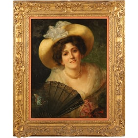 Giuseppe Magni (1869 - 1956) Italy, Oil on Canvas Painting Portrait of a Woman Wearing a Hat