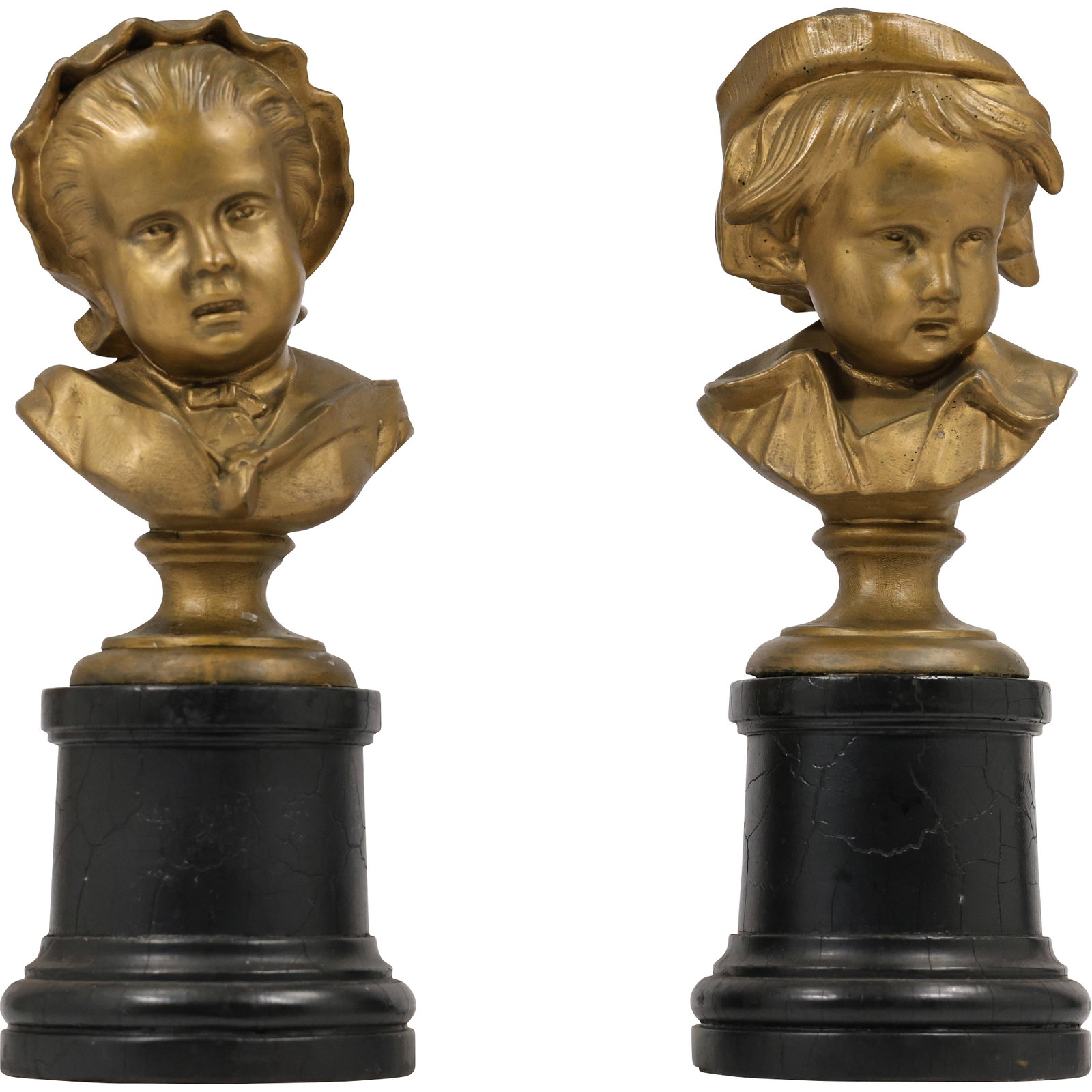 pair of antique cast metal busts of children, often referred to as "Jean qui rit et Jean qui pleure": pair of antique cast metal busts of children, often referred to as "Jean qui rit et Jean qui pleure" (Jean who laughs and Jean who cries). Bases are Composite. size: 14h 5.5w S:D