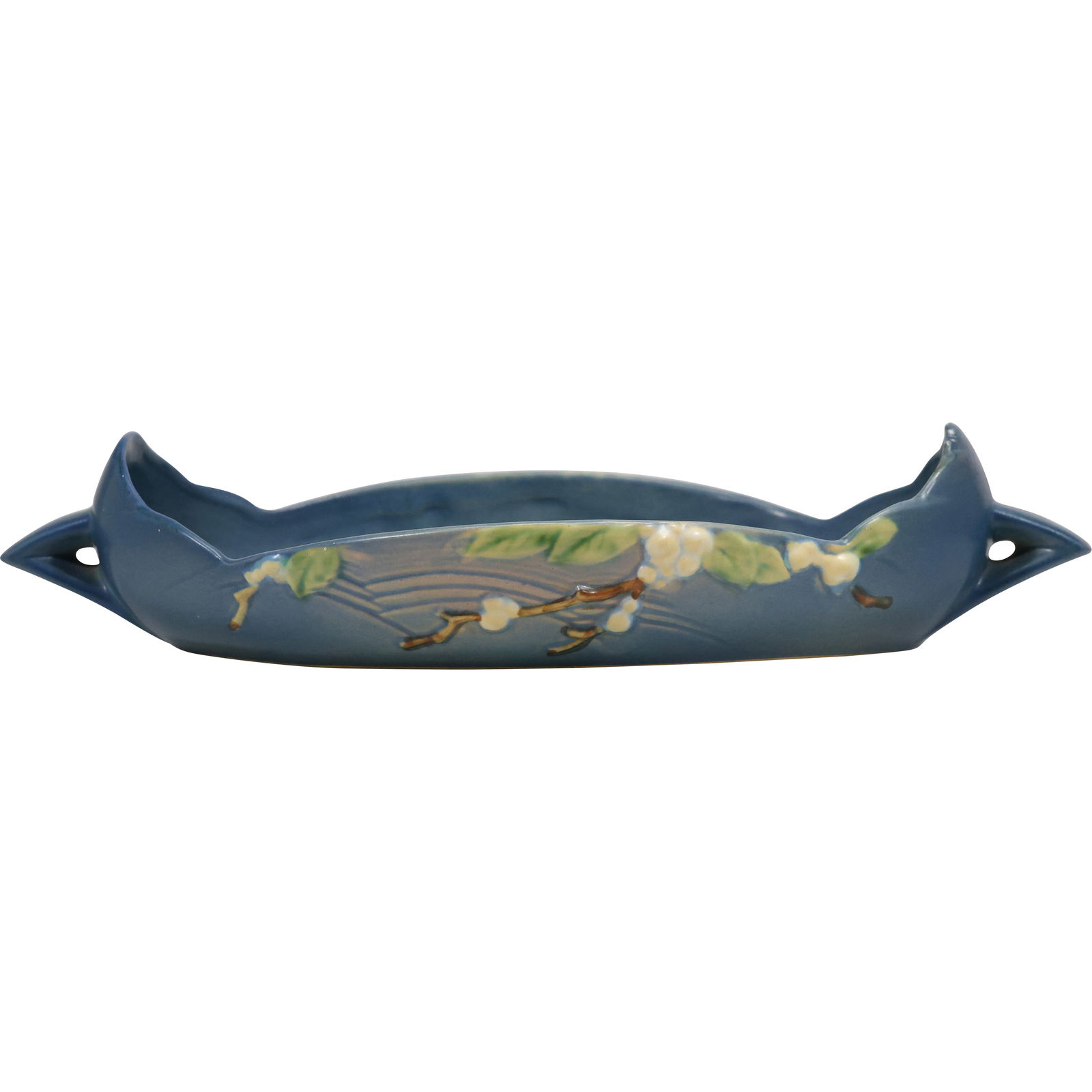 Roseville Pottery console bowl in the Snowberry pattern, 16.5 inches length: Roseville Pottery console bowl in the Snowberry pattern. The Snowberry line was introduced in 1947 and is considered a late-period design by the company. The pattern features white berries and green l