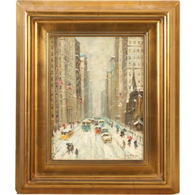 Guy Carleton Wiggins (1883 - 1962) , Oil on Canvas Painting, New York Winter Street Scene