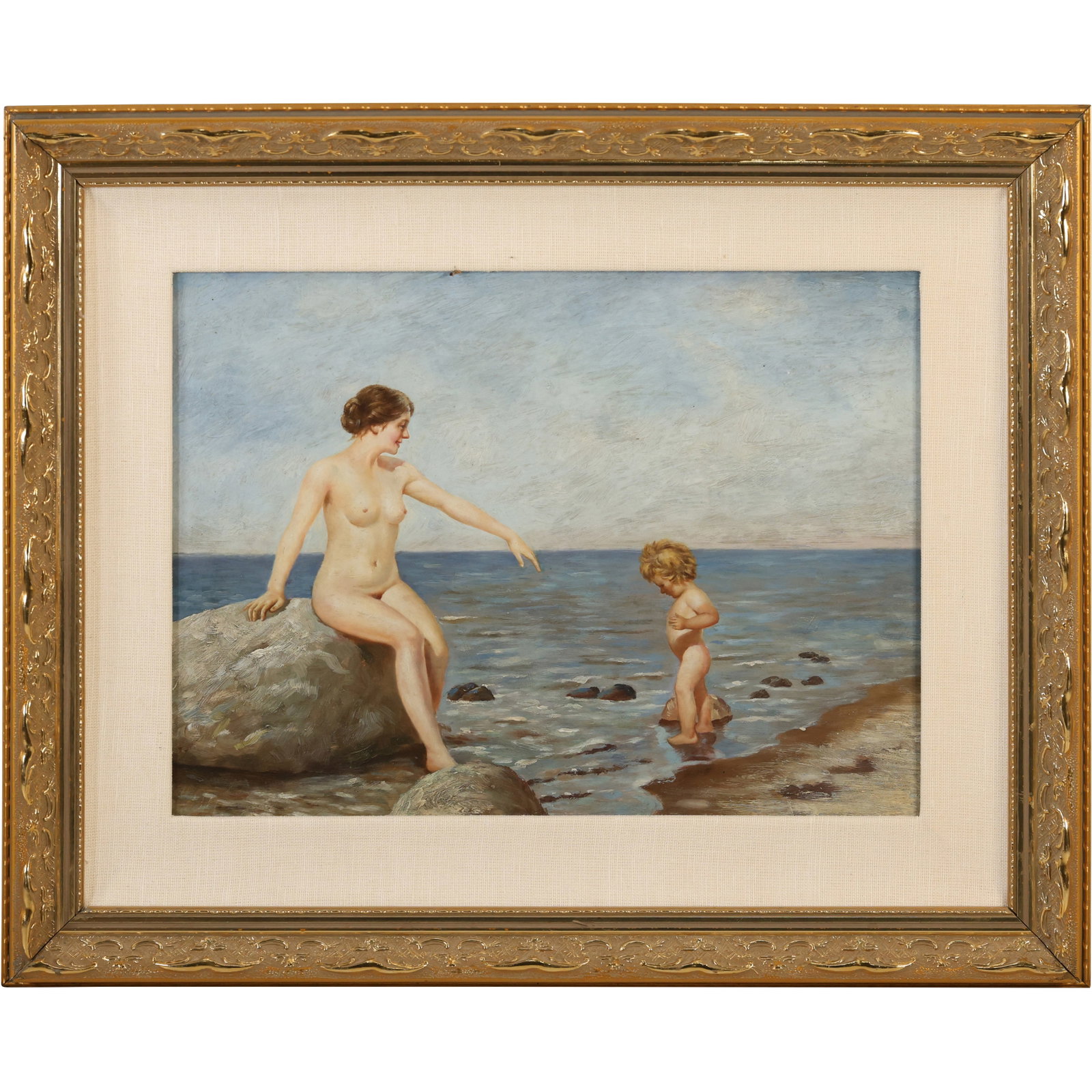 Attributed to Adolf Heinrich Claus Hansen (1859 - 1925), Nude Woman and Child on beach Oil/b: Attributed to Adolf Heinrich Claus Hansen (1859 - 1925), Nude Woman and Child on beach Oil on Board Painting. size: 12 x 15.5 outsdie frame 18.5 x 22