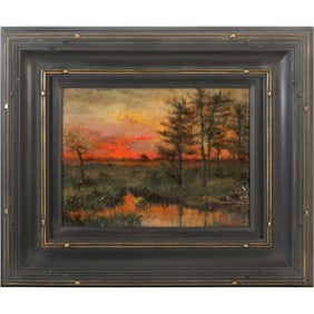 Steven Stelz Pate de Verre Scenic Plaque Signed Sunset Landscape, Studio Stamp on Verso