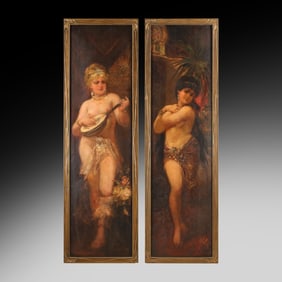 Hans Dreher, Pair of "Odalisques" 19th C. Orientalist School Oil On Panel Paintings, Signed