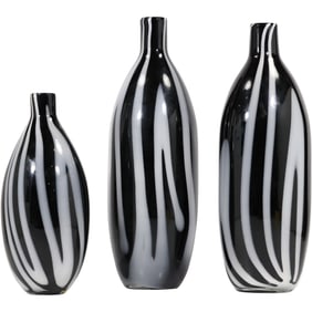 Set 3 Art Glass Black and White Striped Vases in Different Sizes - See Pictures