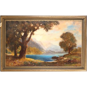 IMPORTANT Oil on Canvas Painting MAXFIED PARRISH 1949, Landscape With Deer, Signed