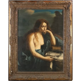 Giovanni Francesco (Guercino) Barbieri; Antique Oil on Canvas Painting Portrait of May Magdalena