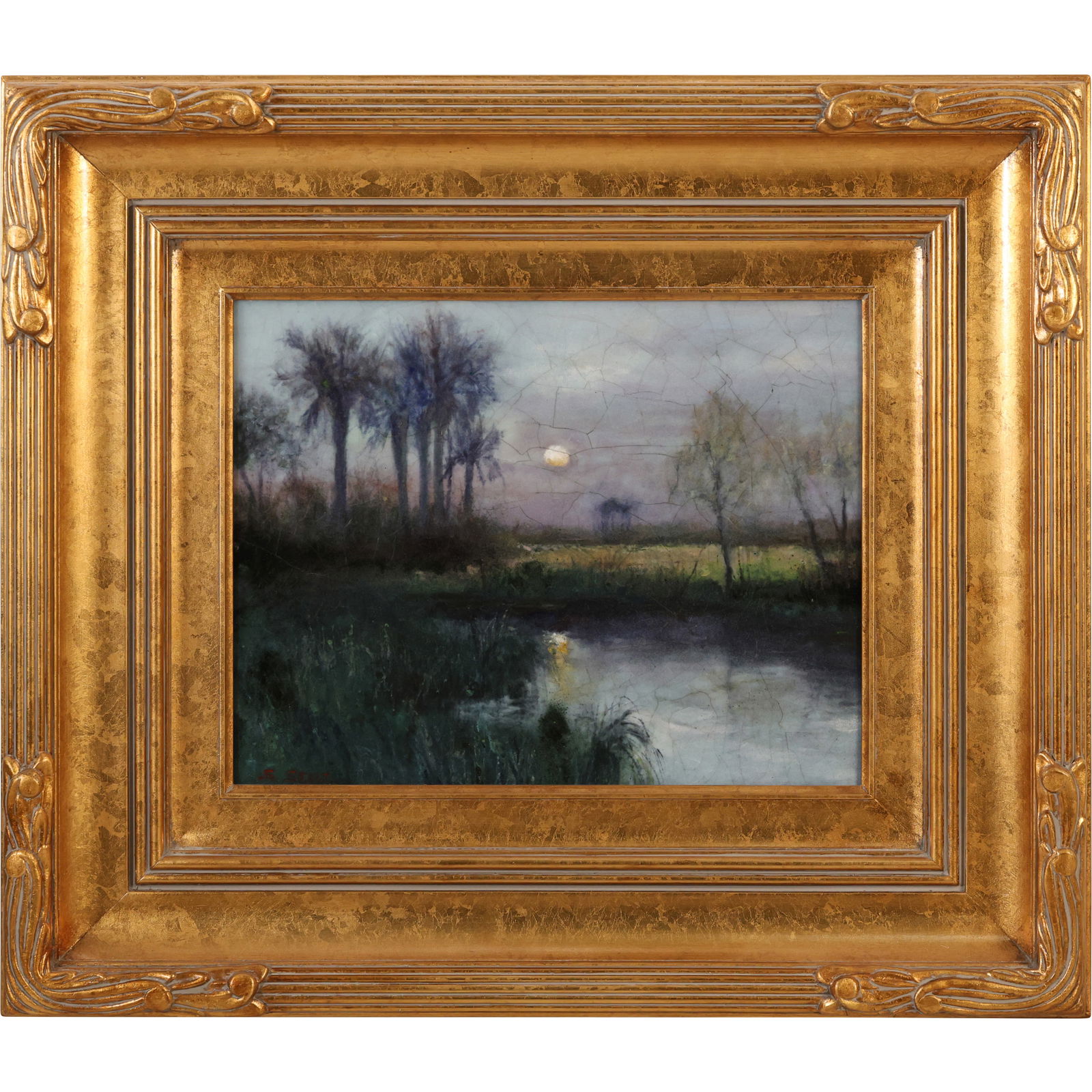 Steven Stelz Pate de Verre Scenic Plaque Signed, Moonrise Over The Marsh, Studio Stamp on Verso (1 of 15)