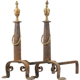 19th C. Federal Hand Wrought Iron Fireplace Andirons with Brass Finial Tops