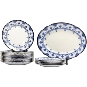 19 Pc. set of antique "flow blue" china plates and a platter "Dudley" pattern, Ford & Sons, Burslem