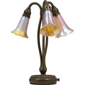 Tiffany Studios New York 3-Light Lily Lamp, Bronze Base Signed and Numbered 319, Shades Signed