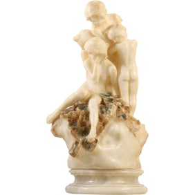 Monumental 19th C. Alabaster Lamp of 4 Nymphs Cuddled Together, Sits on Electrified Base