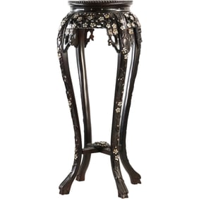 Chinese Tall Carved Teak Wood Taboret Stand with Intricate MOP Inlay All Over 36 inches height