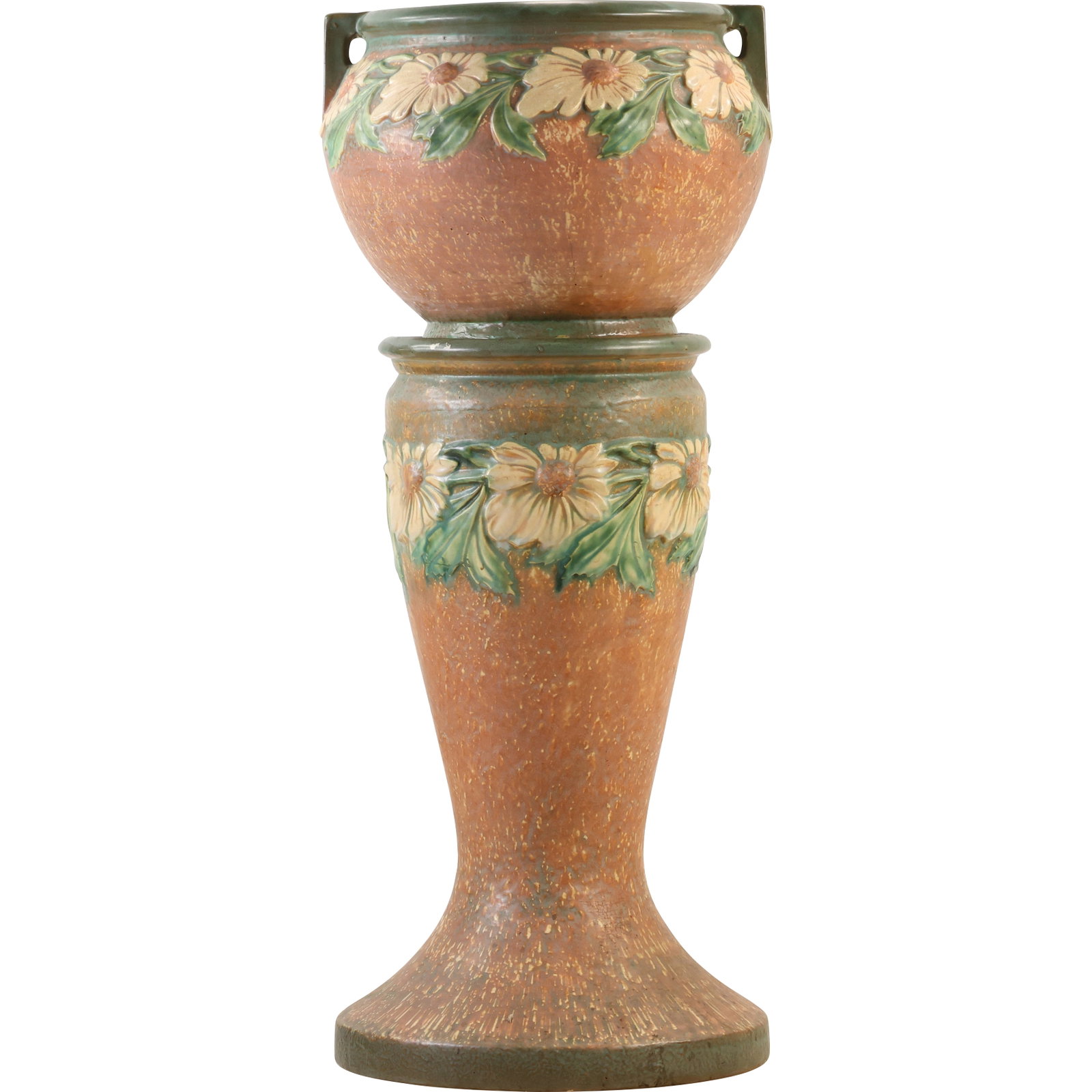 Roseville Art Pottery Dahlrose Jardiniere and Pedestal 30 inches height x 12.5 in. wide: Roseville Dahlrose Jardiniere and Pedestal, a piece of American art pottery. The Dahlrose pattern was introduced by the Roseville Pottery Company in 1928. size: 30 h 12.5 w max , top: 9 h 12.5 , botto