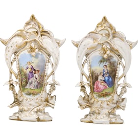 2 Monumental 19th C. Old Paris Porcelain Vases with Genre Scene Panels, One Shows Repaired