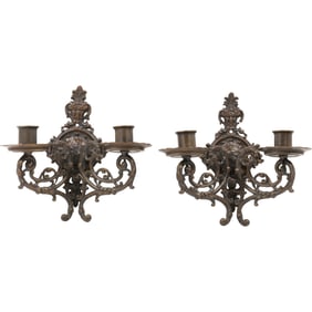 Signed Oscar Bach, Pair Bronze Wall Sconces 2-Candle Light, Faces, Serpents, Good Patina