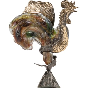 Yves Lohe Signed Rooster Sculpture Pate De Verre Glass and Bronze. Superb quality. Signed: Lohe