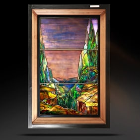TIFFANY STUDIOS Leaded and Stain Glass Framed Window Evening Landscape Multi Layers