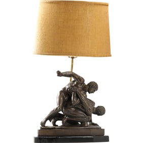 Wrestlers Sculpture Table Lamp bronze patinated plaster, marked Austin Productions 24 in overall h.