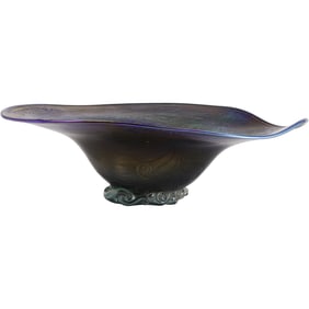 Signed Louis C. Tiffany, Numbered and Paper Label, Blue Faville Art Glass Center Bowl 15.75 inches