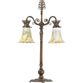 Signed Oscar Bach Bronze 2-Light Table Lamp with Tiffany? Art Glass Shades Copper Foil Pattern