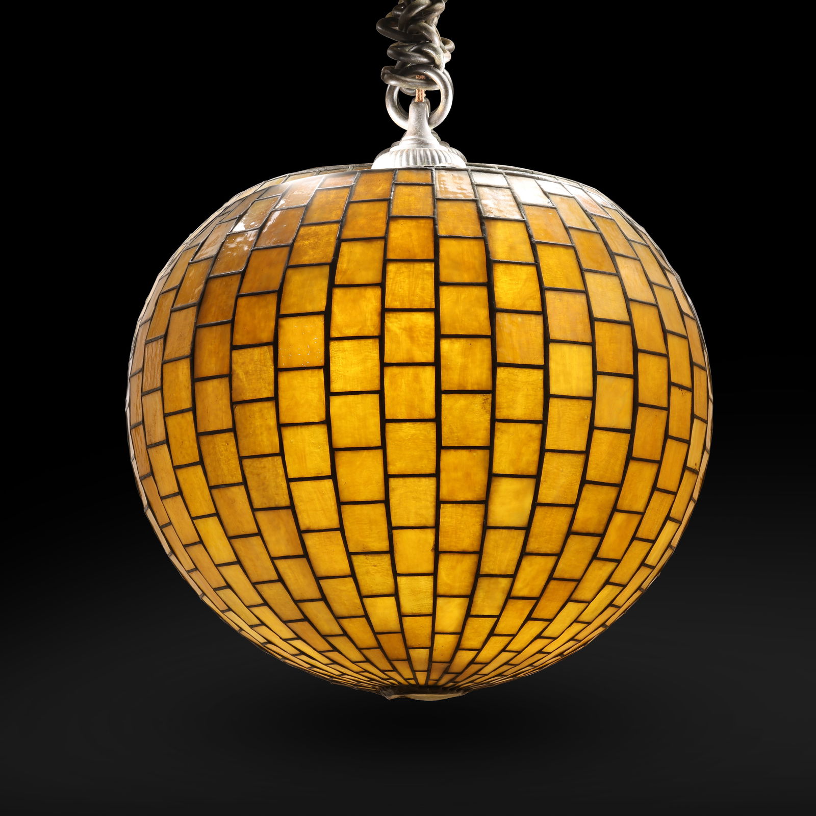 Tiffany Studios New York Geometric Leaded Glass and Turtleback Sphere Chandelier, Signed (1 of 20)