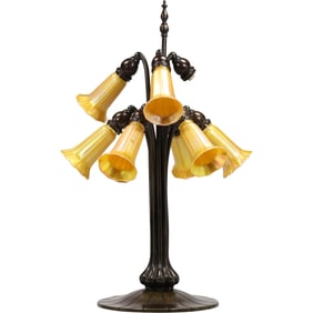 American Art Nouveau Lily Table Lamp by Quezal Glass & Decorating Company 9-Light, Bronze Base