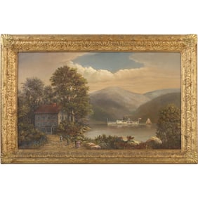 Albert Szatmar Nemethy, Sr. (1920 - 1998) Oil on Canvas Painting Hudson River Steamboat in Landscape