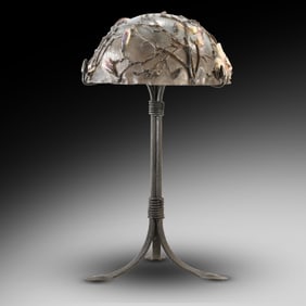 Stelz Studios. Pate de Verre Glass Magnolia Table Lamp, Signed STELZ, Wrought iron base.