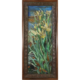 IMPORTANT Steven Stelz, Stelz Studios "Japanese Iris 1995" Iridescent Opalescent Glass Mosaic Panel