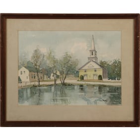 John Mellor, Canada / England, Watercolor Painting Rural Village with Church, Bio on Verso