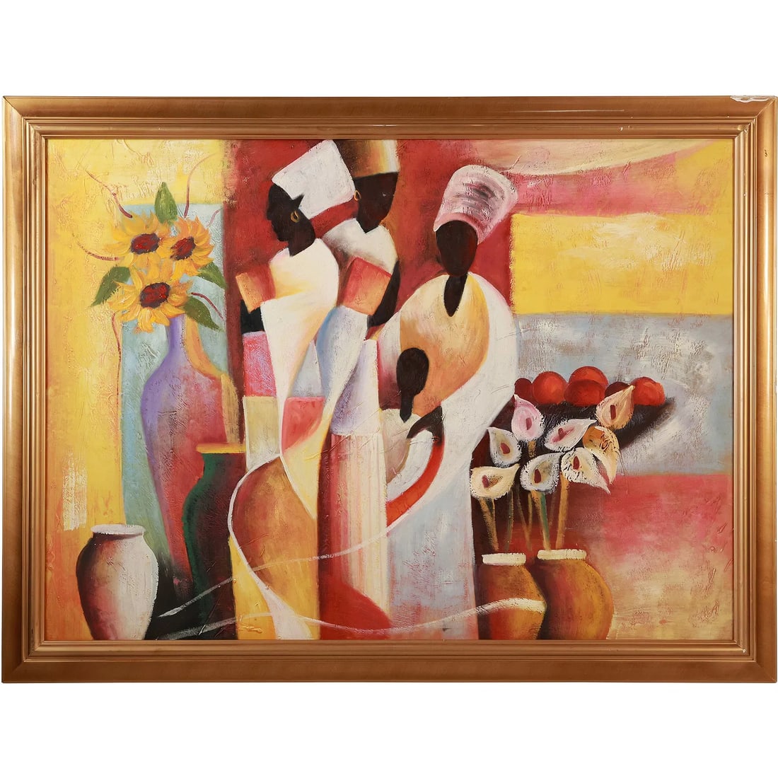 20th C. Oil on Canvas Painting 3 African Figures in a Stylized Setting with Sunflowers, Framed: " This item requires an appointment scheduled via email (donny@donnymaloneauctions.com) at least 24 hours before pick-up. 20th C. oil painting on canvas featuring three figures in a stylized setting, 