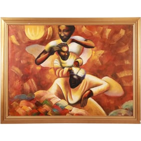 Attributed to Haitian artist Jean-Pierre Auguste. Oil on Canvas Painting Woman Braiding Hair