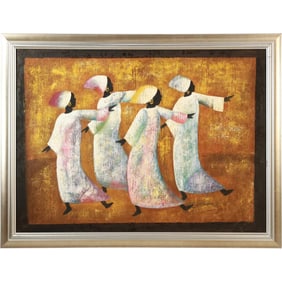20th C. Oil on Canvas Painting African Ethnic Dancing Women in Flowing Dresses , Framed