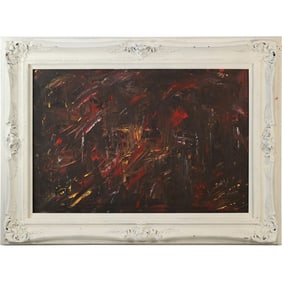 Signed Mullin, 20th C. Abstract Oil on Canvas Painting, Dark Abstract in White Frame