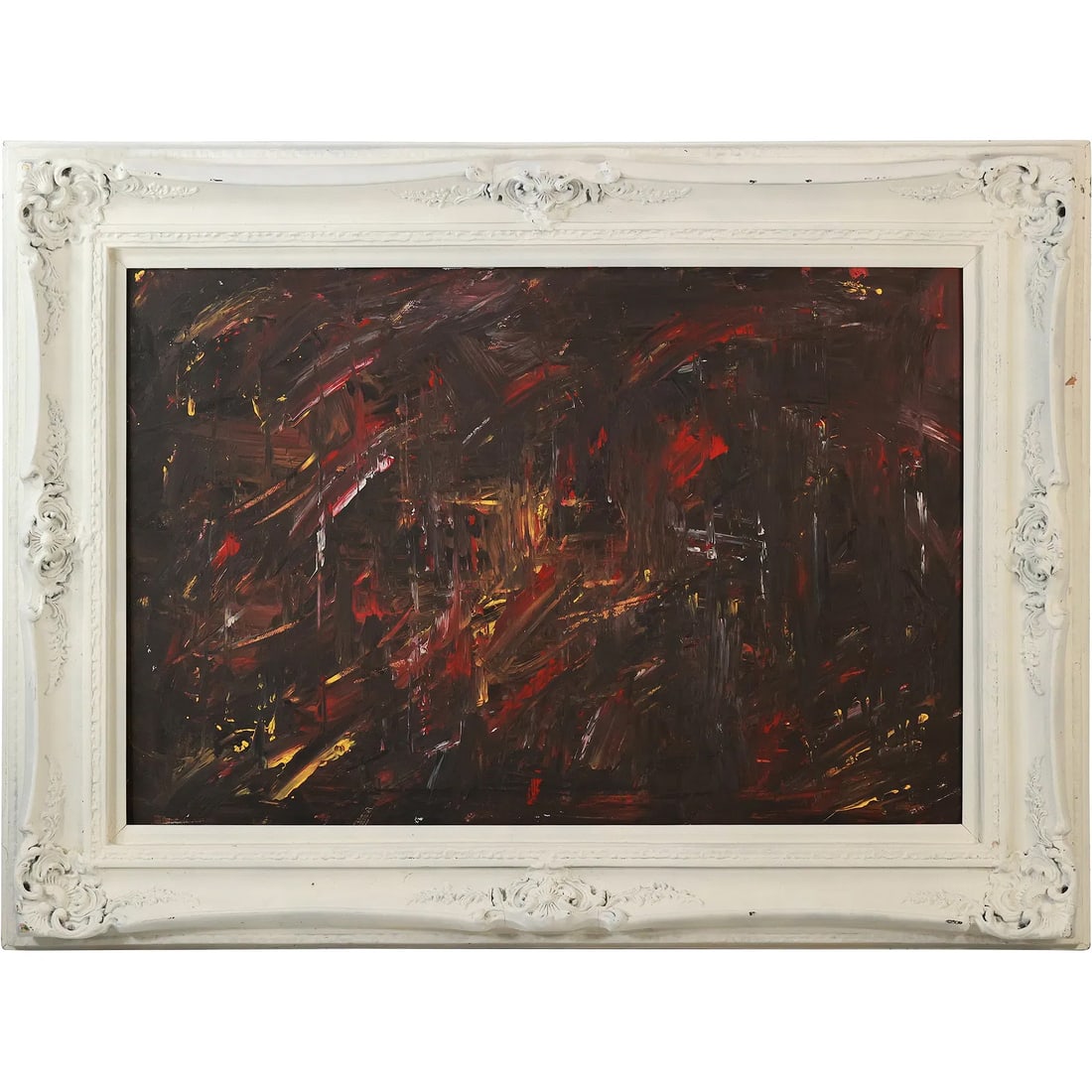 Signed Mullin, 20th C. Abstract Oil on Canvas Painting, Dark Abstract in White Frame (1 of 12)