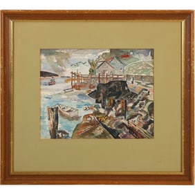 Signed Geo. H. Cooper, Vintage Watercolor Painting Inlet Coastal Fishing Wharf with Boats